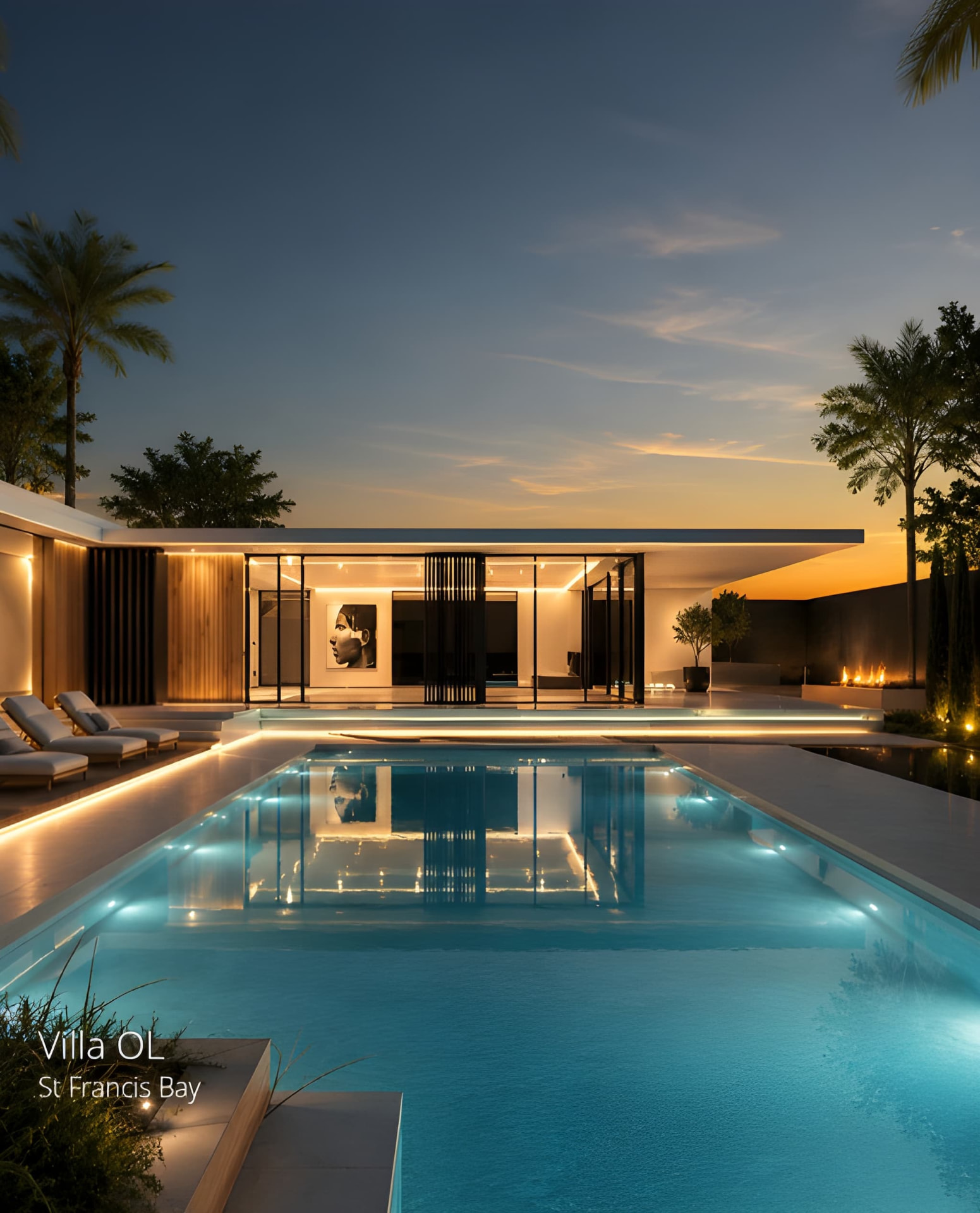 Poolside elevation at dusk
